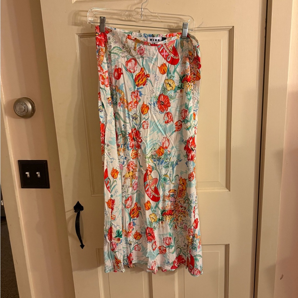 RIXO Red and White Floral Midi Skirt